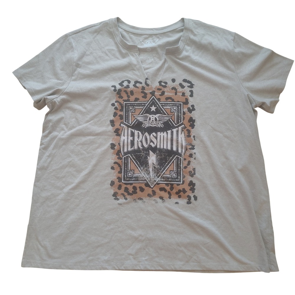 Aerosmith Graphic Tee XXL Gray‎ Leopard Print Notch V-Neck Rock Band T-Shirt